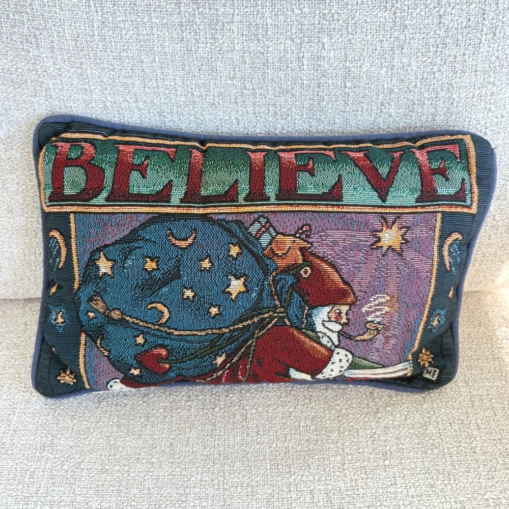 Vintage Believe Santa Claus Woven Tapestry Decorative Throw Pillow 12x8 Navy